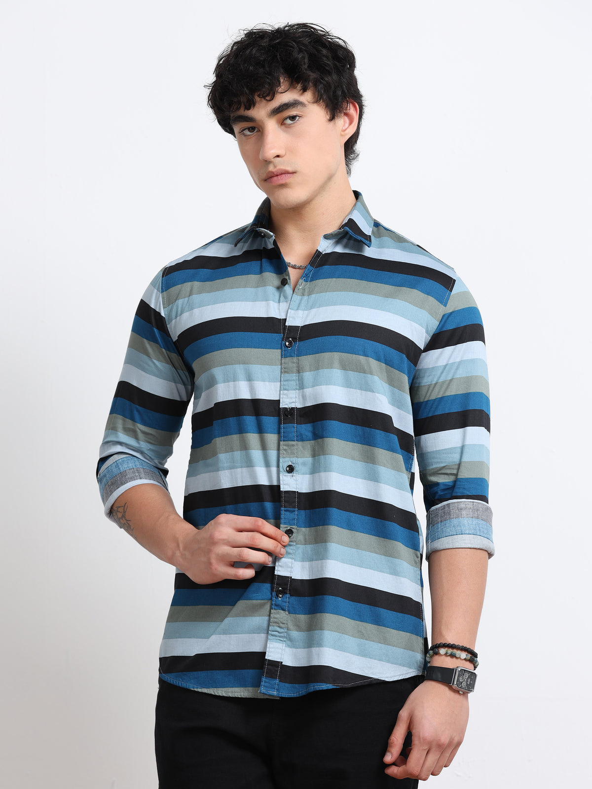 Men’s Blue Multi-Stripe Cotton Shirt by Black Thread