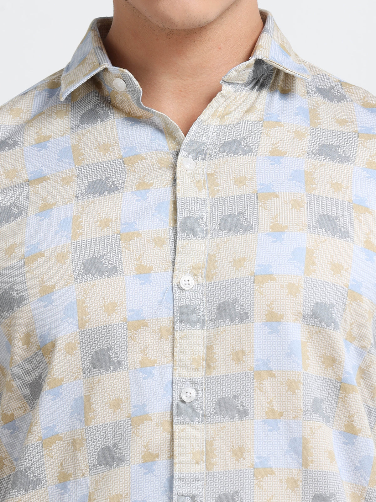 Men’s Beige &amp; Yellow Geometric Cotton Shirt