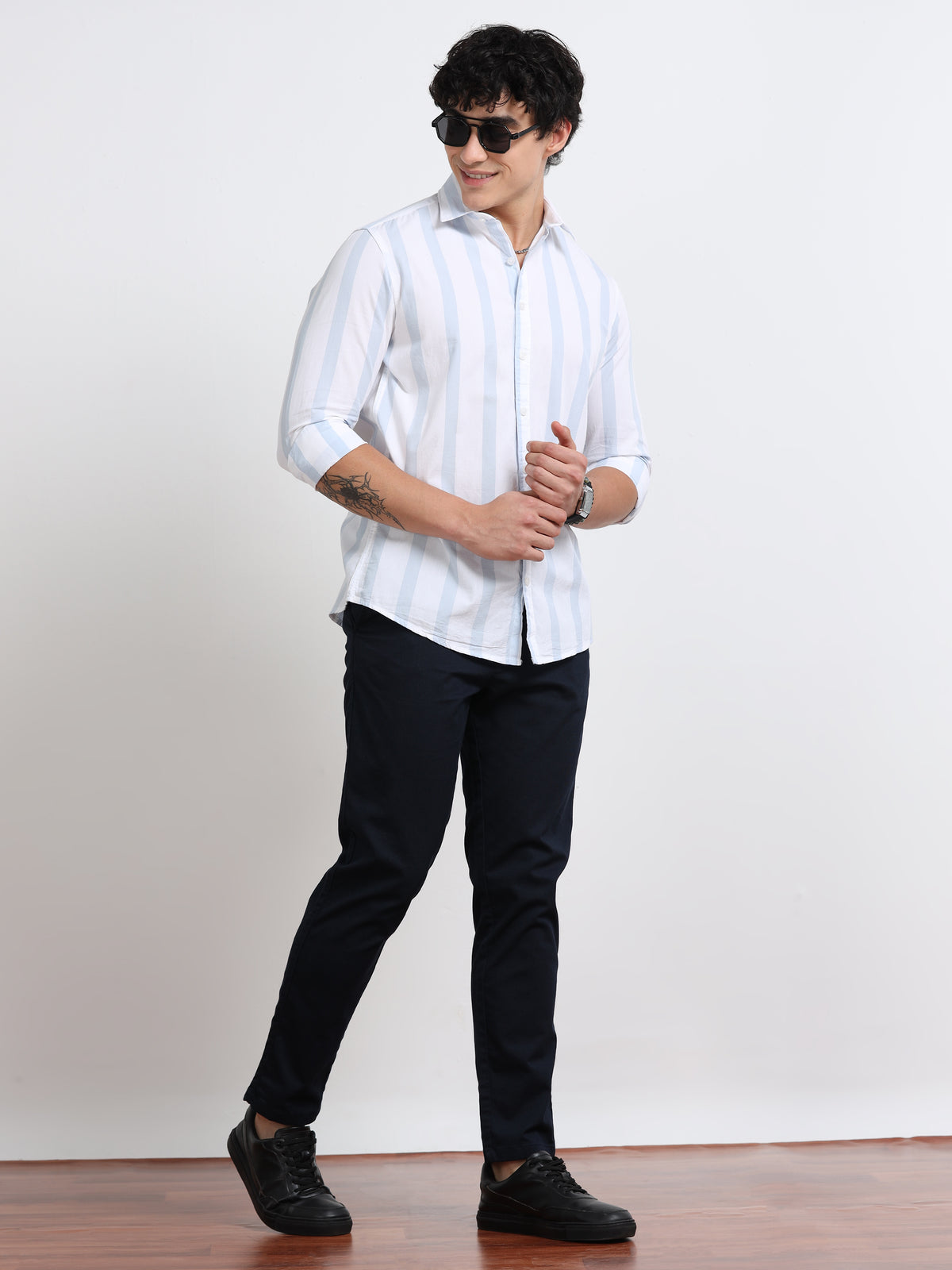 Men’s White &amp; Sky Blue Stripe Cotton Shirt