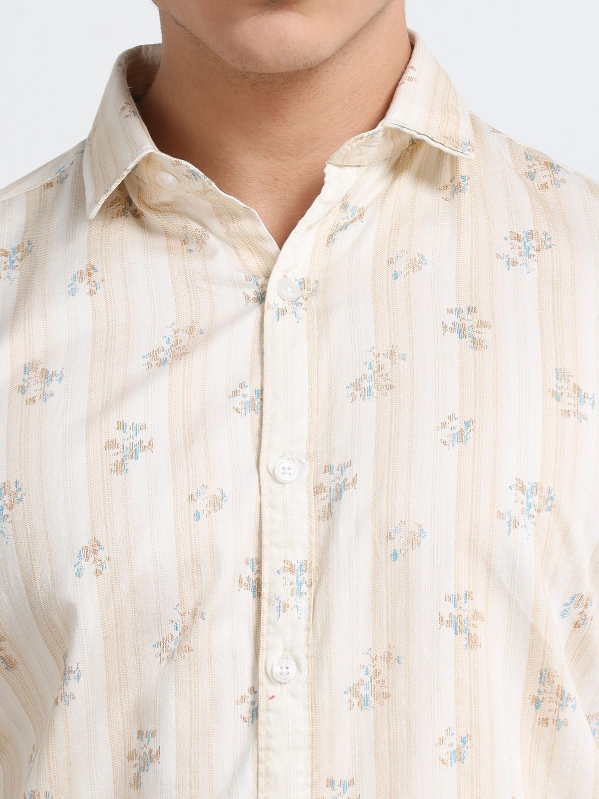 Men’s Cream &amp; Beige Printed Cotton Shirt
