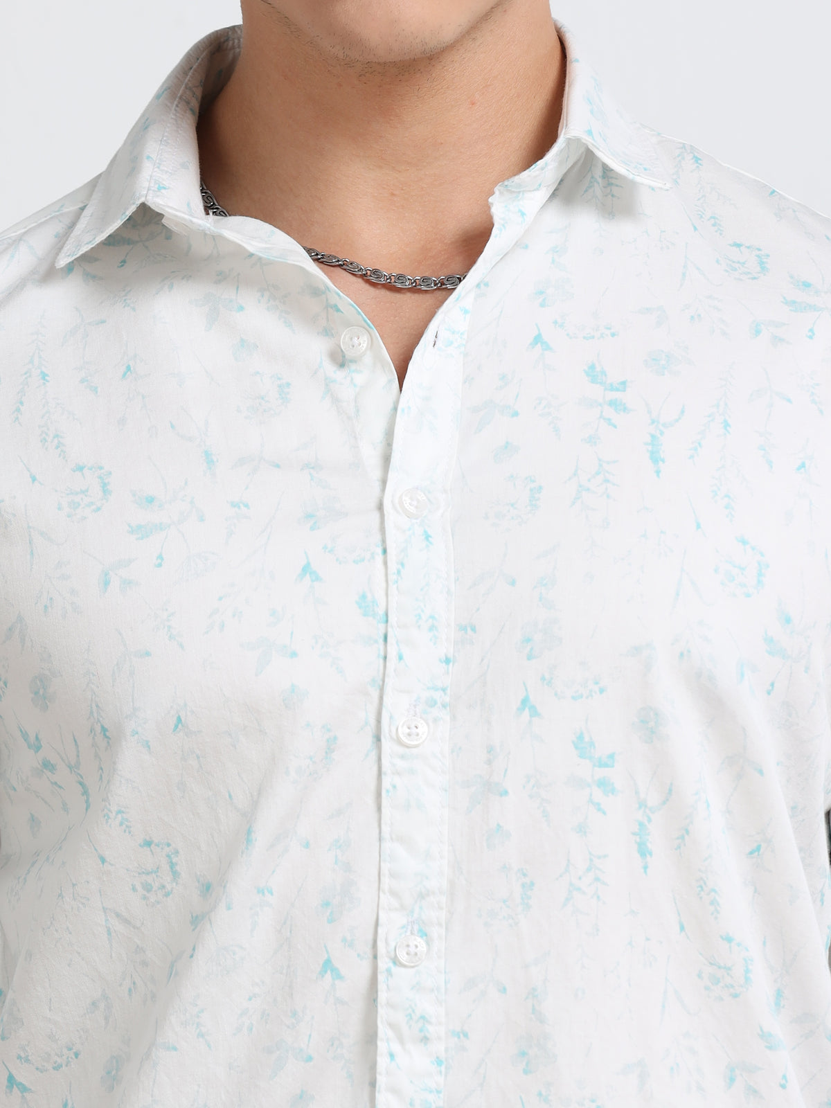 Men’s White &amp; Teal Minimal Printed Cotton Shirt