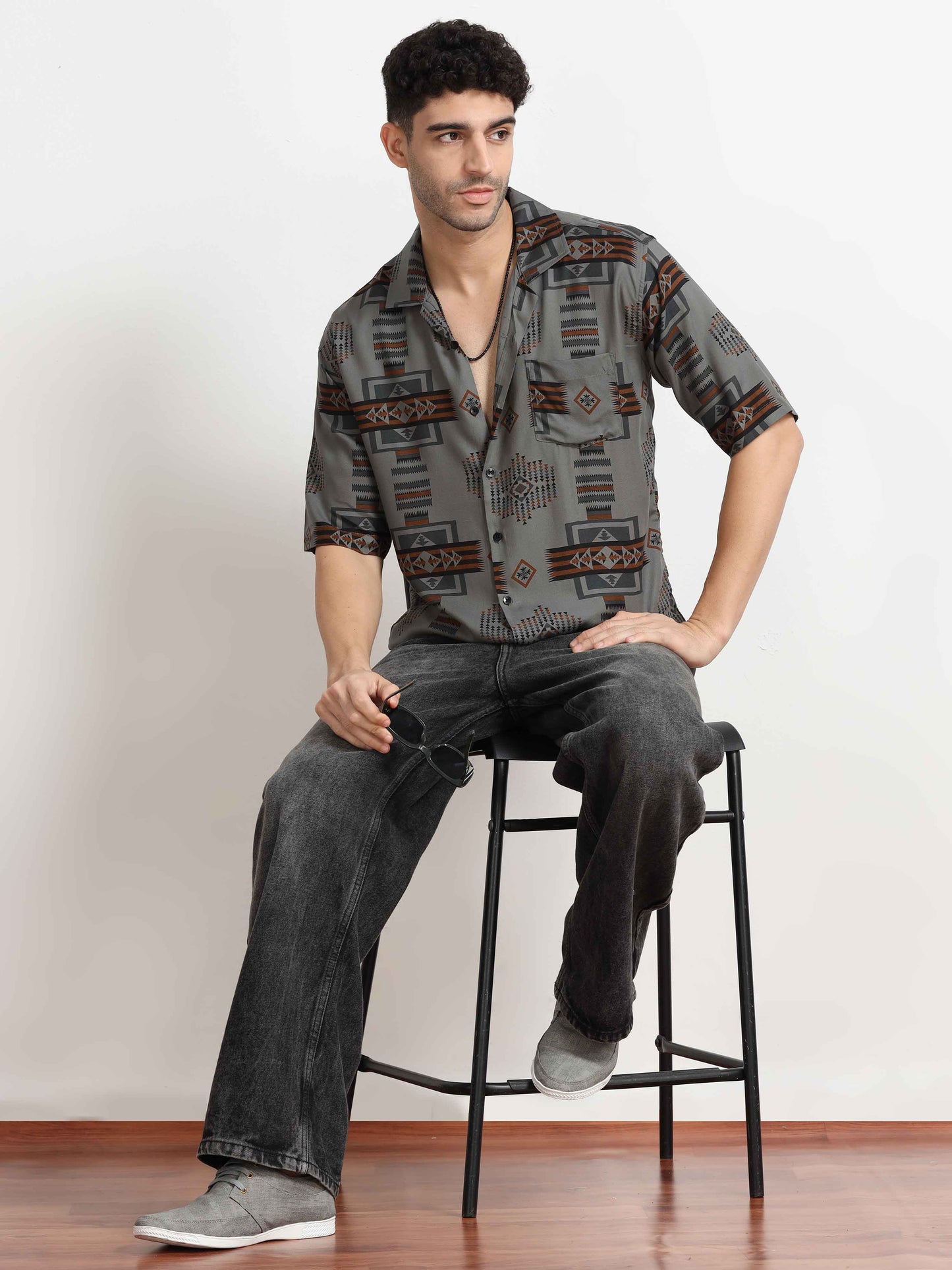 Grey geometric print Oversized shirt for men