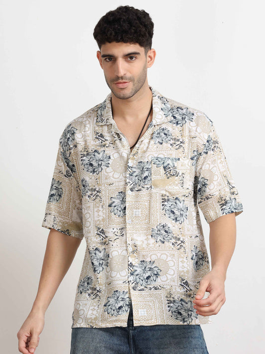 Beige Floral Printed  Shirt for men