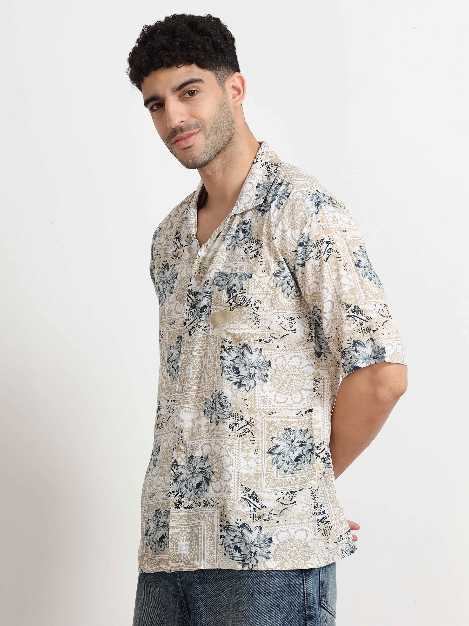 Beige Floral Printed  Shirt for men