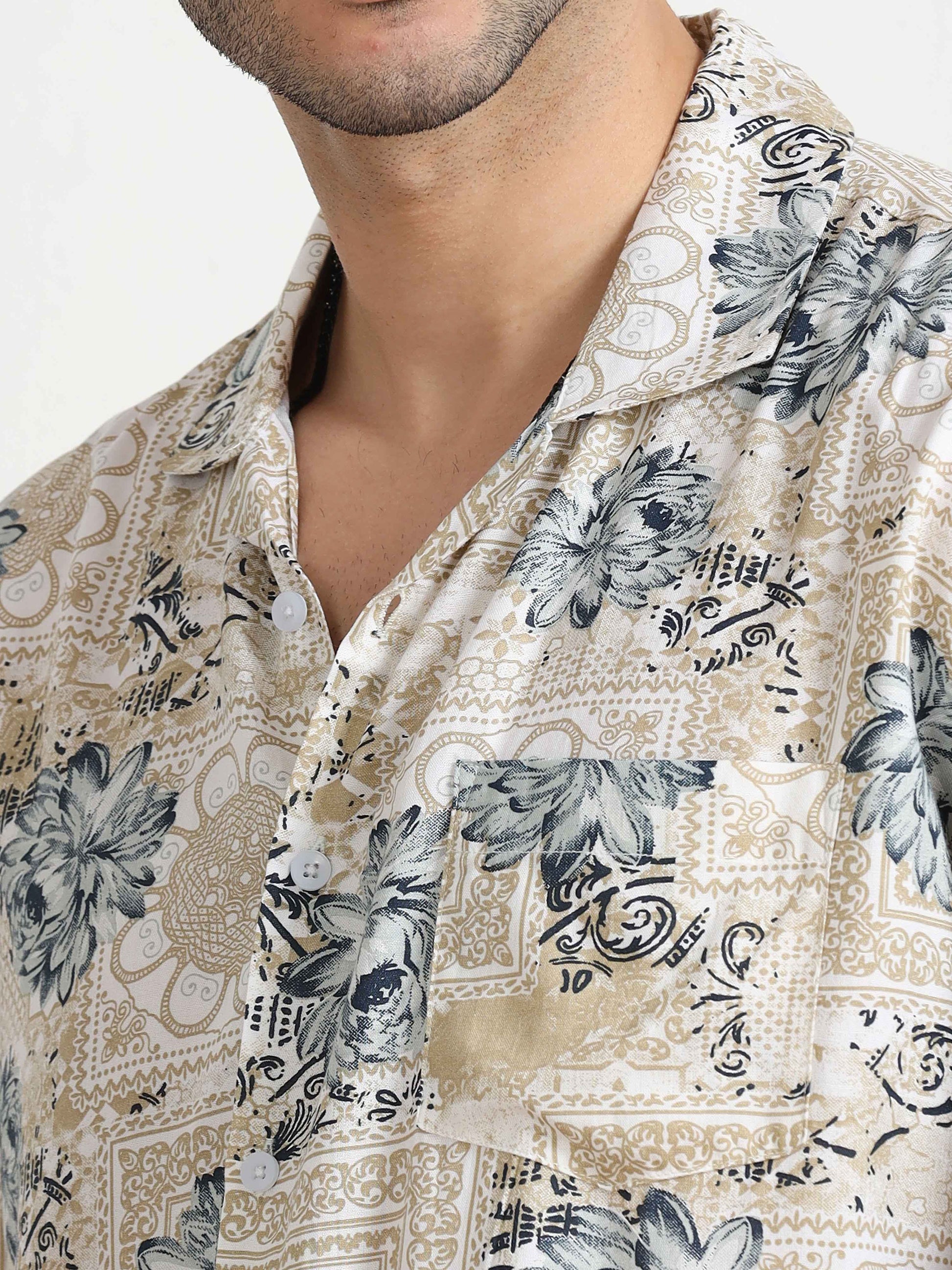 Beige Floral Printed  Shirt for men