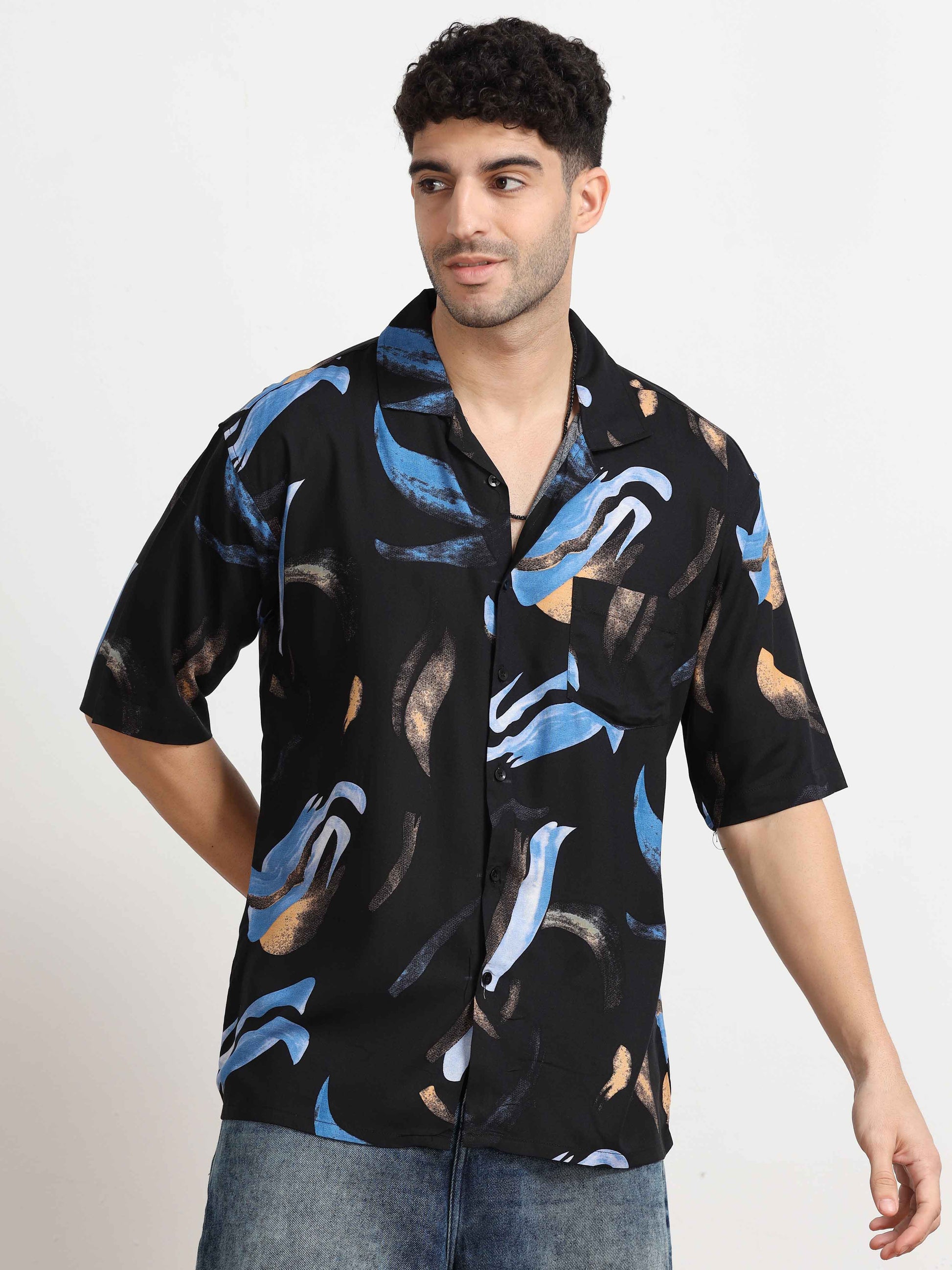 Abstract black cuban collar shirt for men