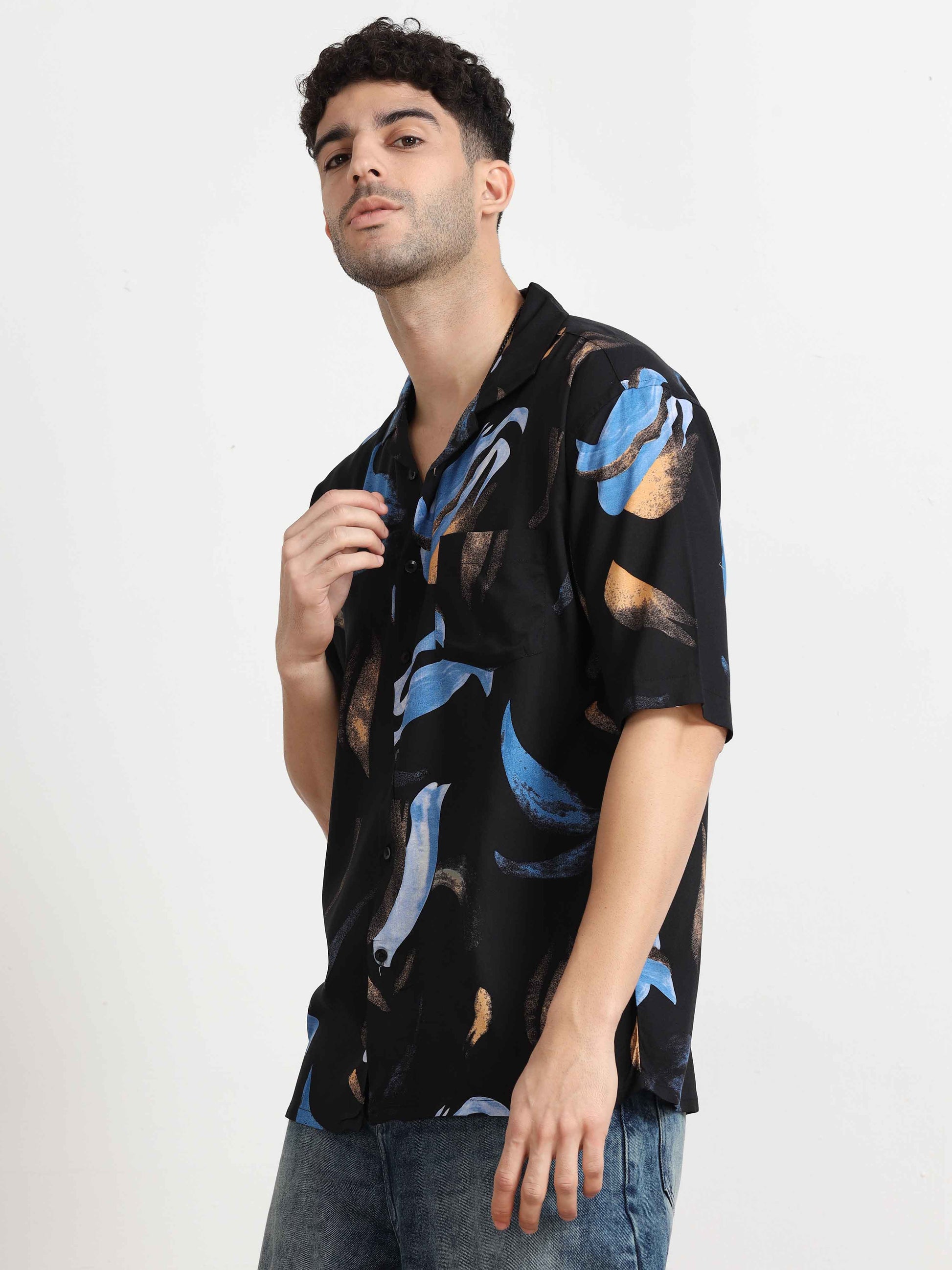 Abstract black cuban collar shirt for men