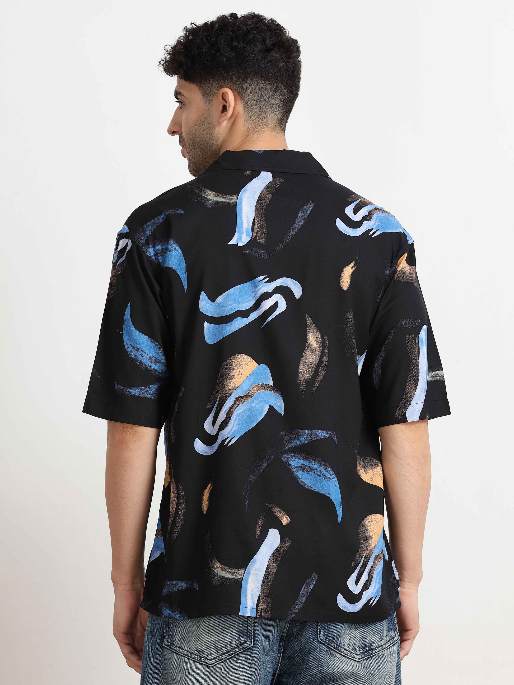 Abstract black cuban collar shirt for men