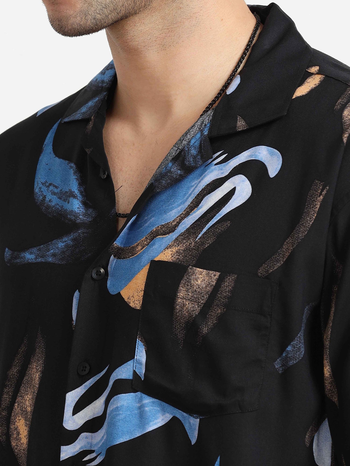 Abstract black cuban collar shirt for men