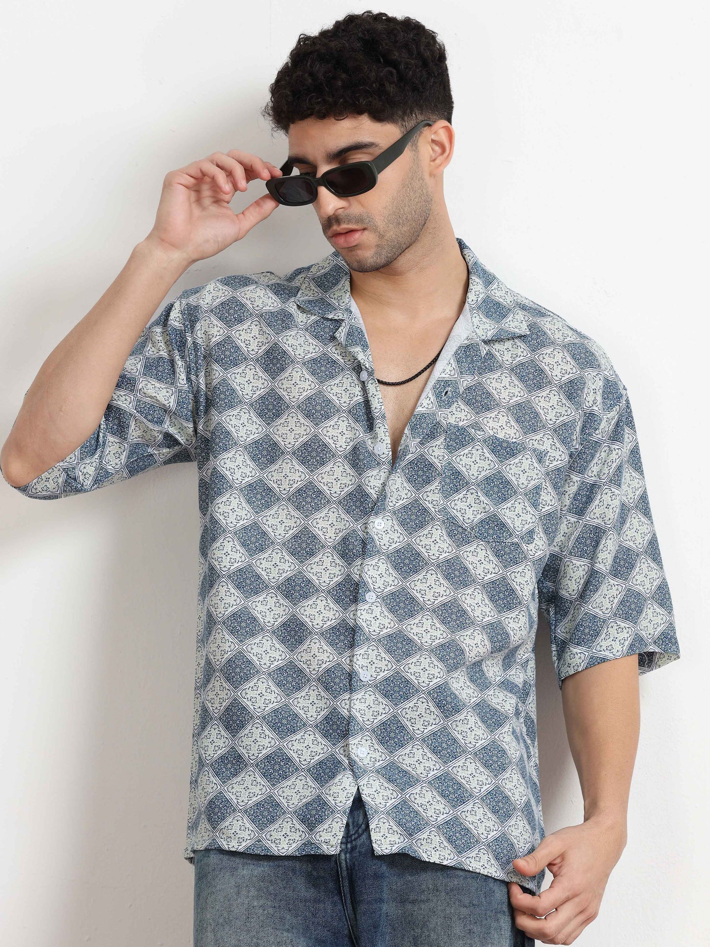 Dull Blue Geometric printed short sleeve shirt for men