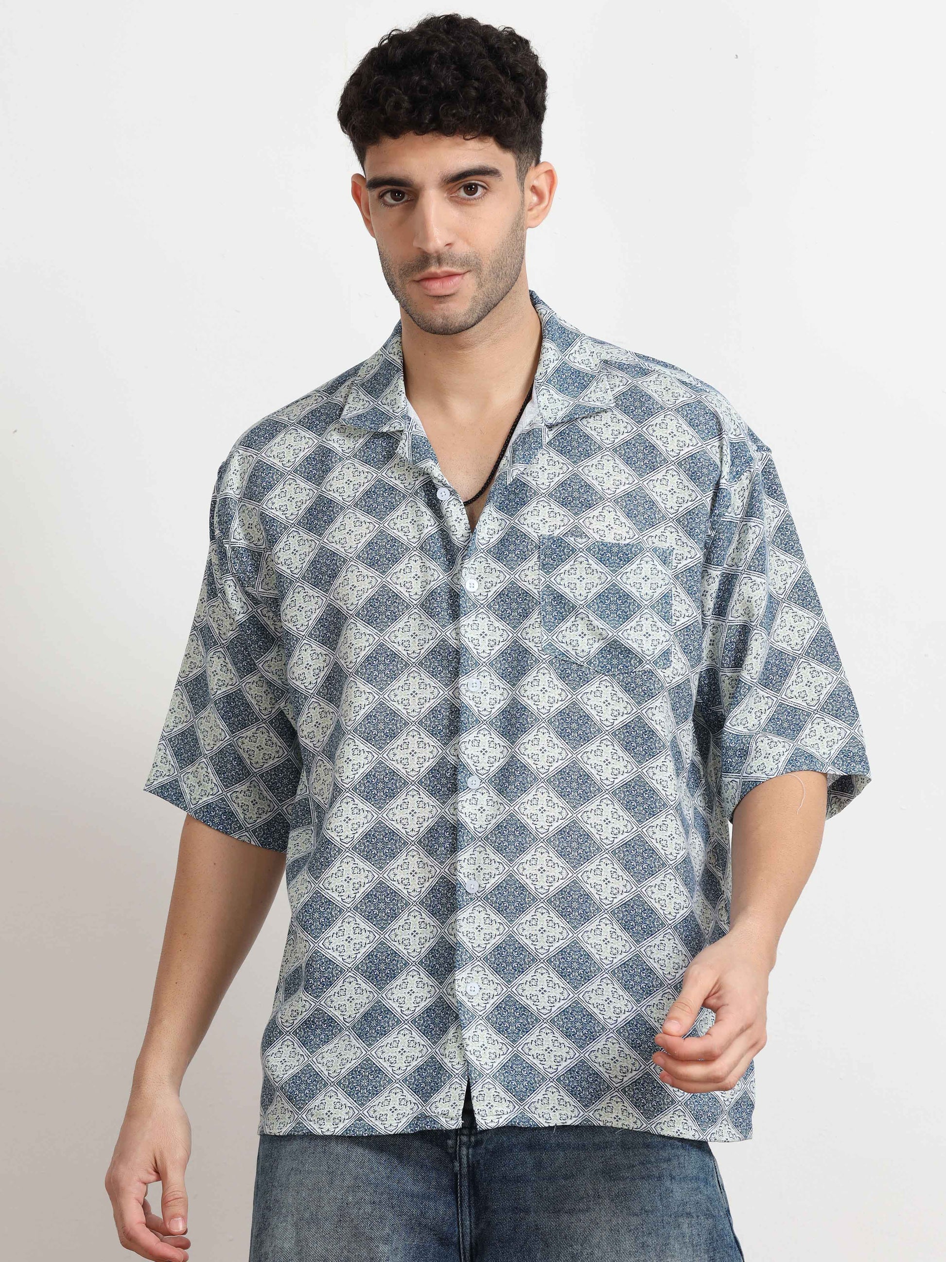 Dull Blue Geometric printed short sleeve shirt for men