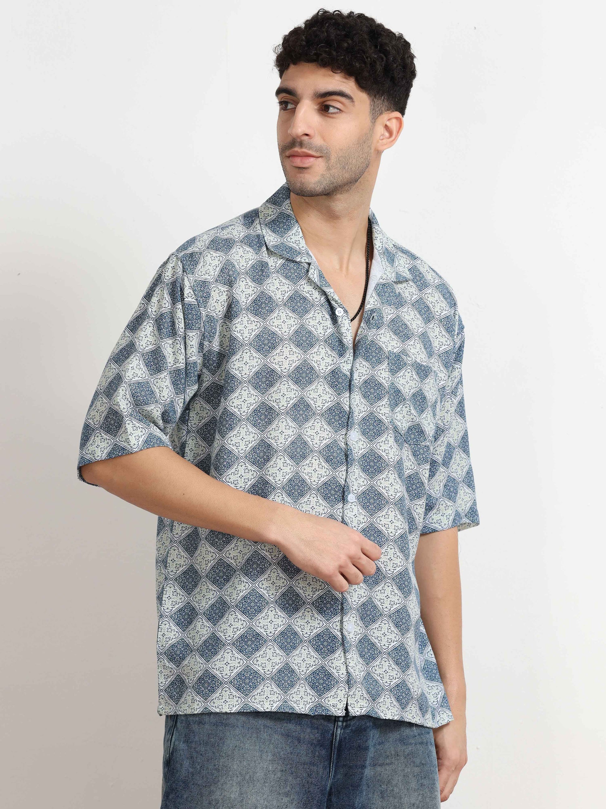 Dull Blue Geometric printed short sleeve shirt for men