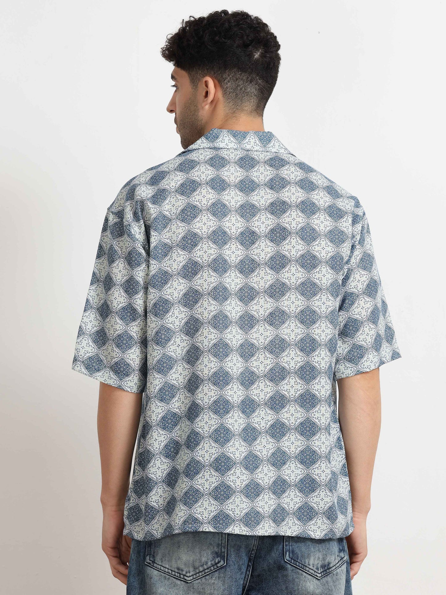 Dull Blue Geometric printed short sleeve shirt for men