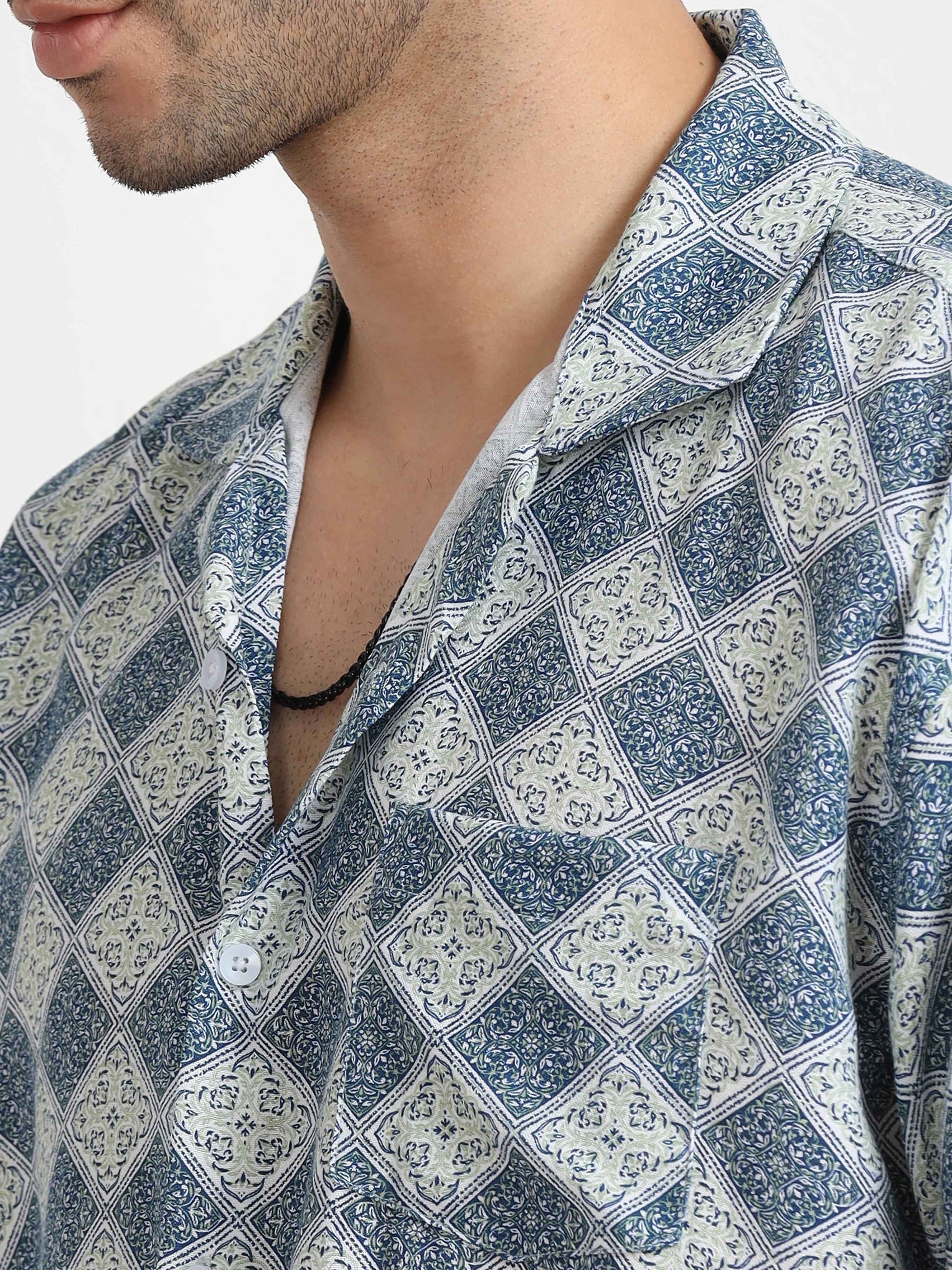 Dull Blue Geometric printed short sleeve shirt for men