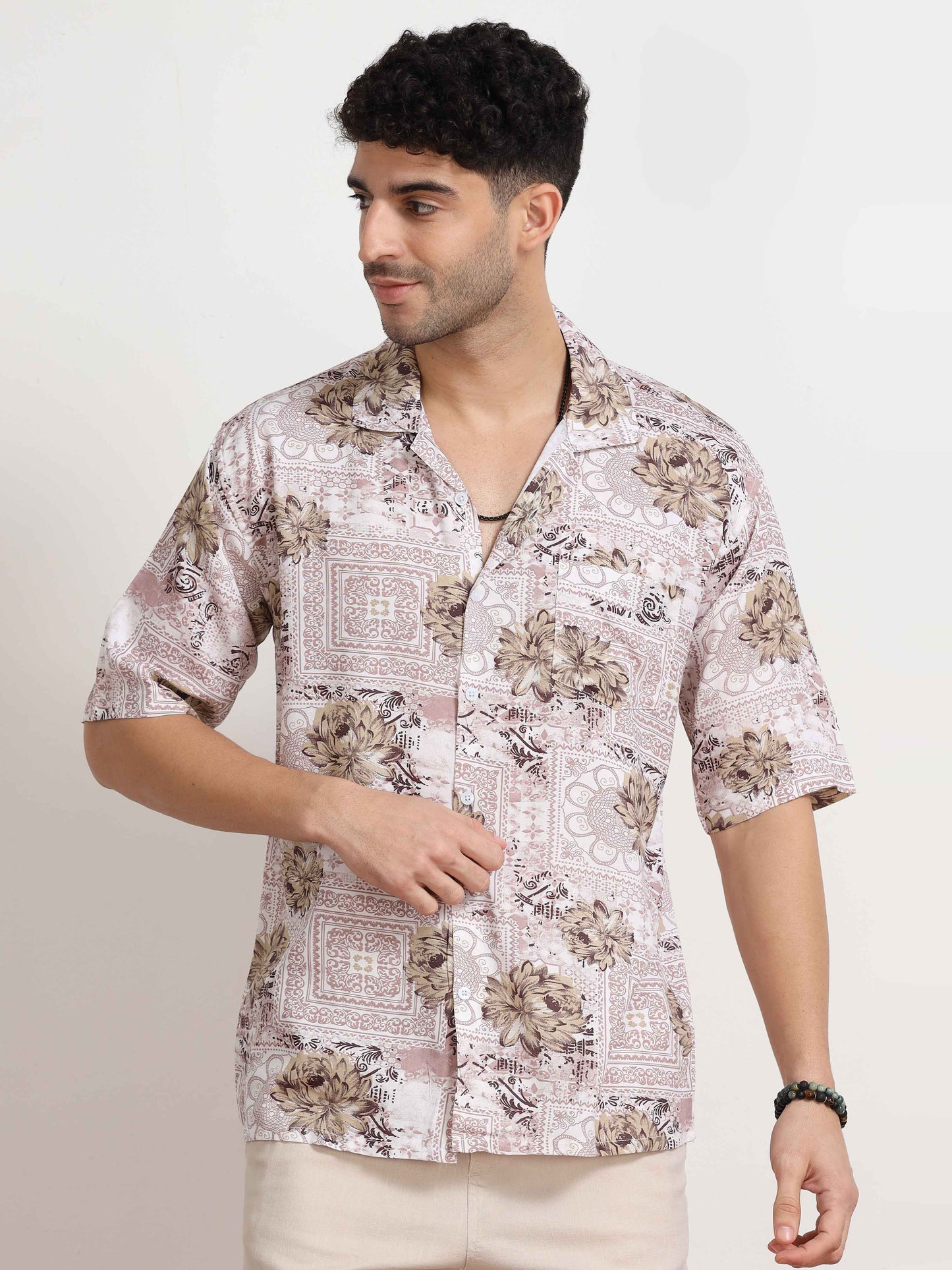  Floral Printed Light Brown Oversized Shirt for men