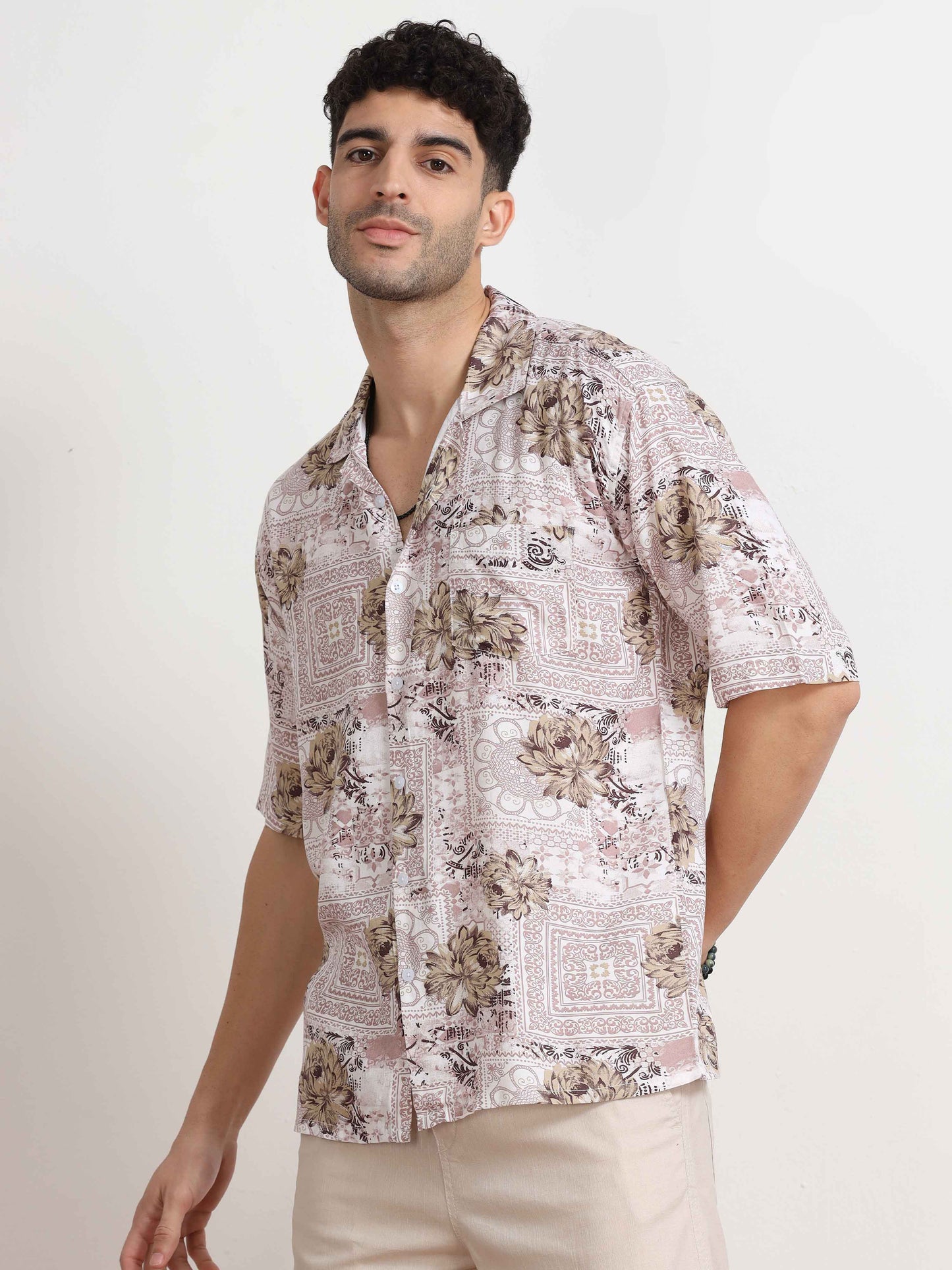  Floral Printed Light Brown Oversized Shirt for men