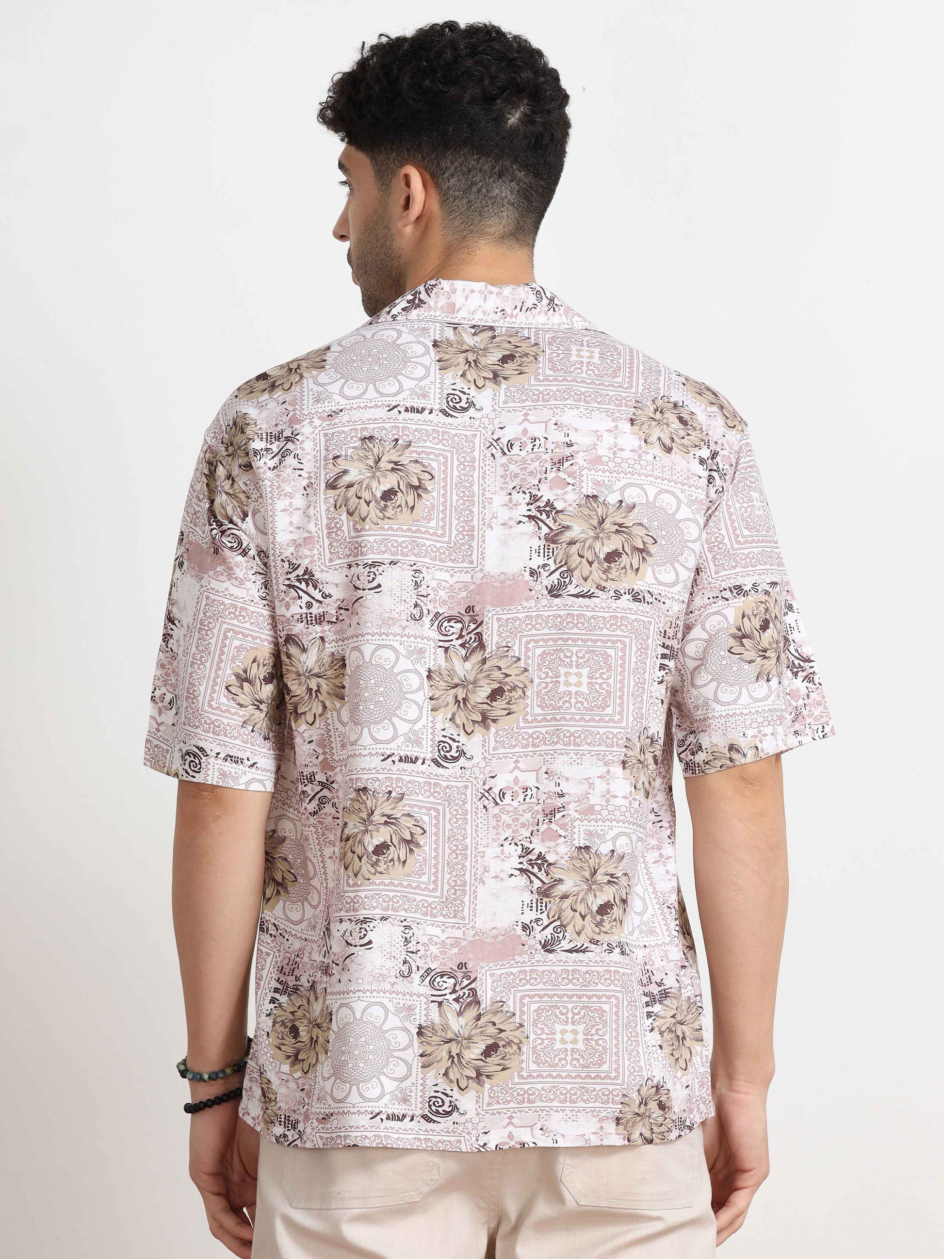  Floral Printed Light Brown Oversized Shirt for men