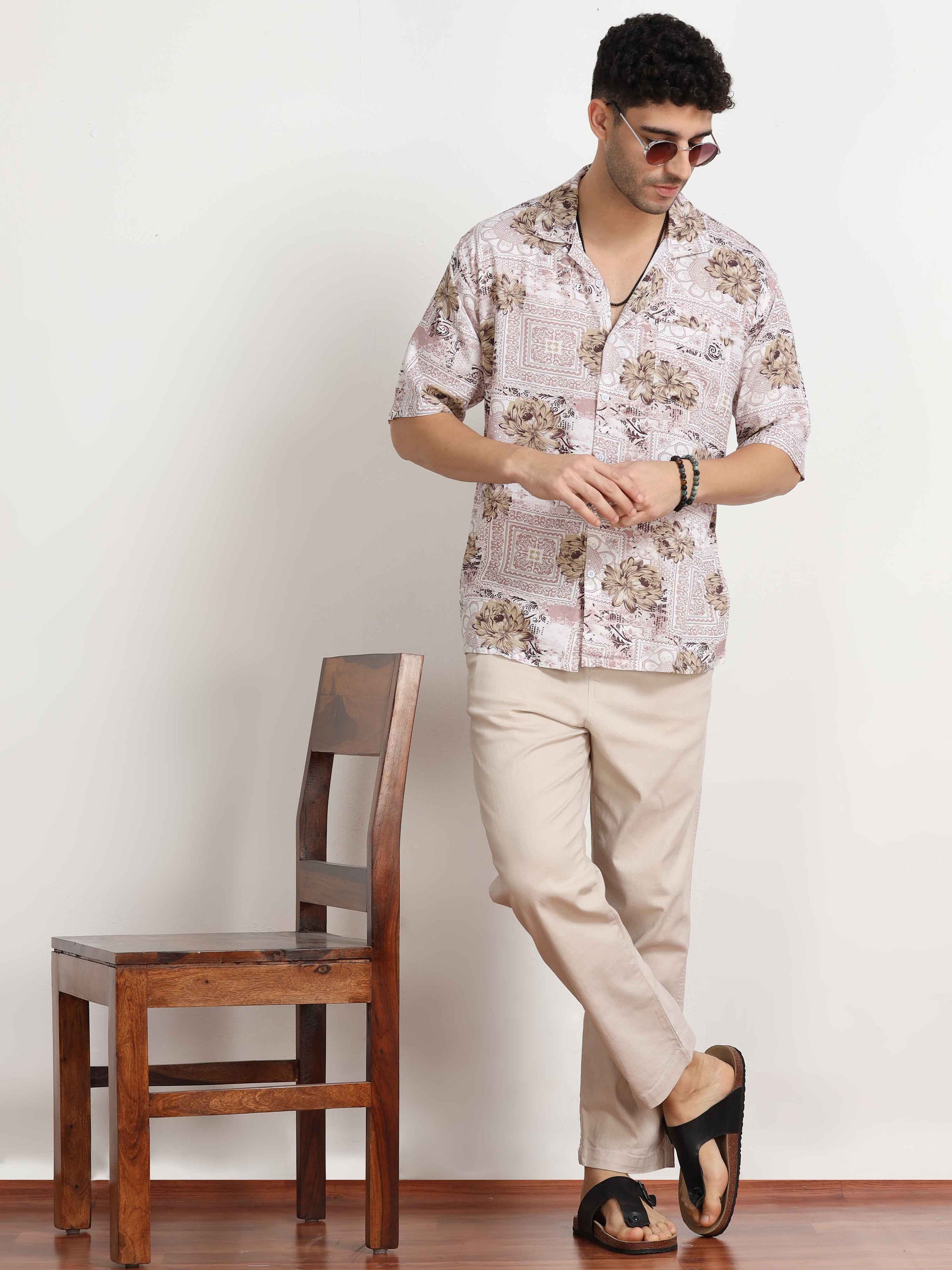  Floral Printed Light Brown Oversized Shirt for men