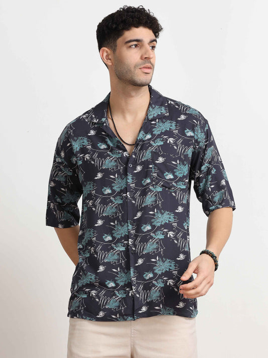 Navy Abstract Printed Oversized Shirt for men