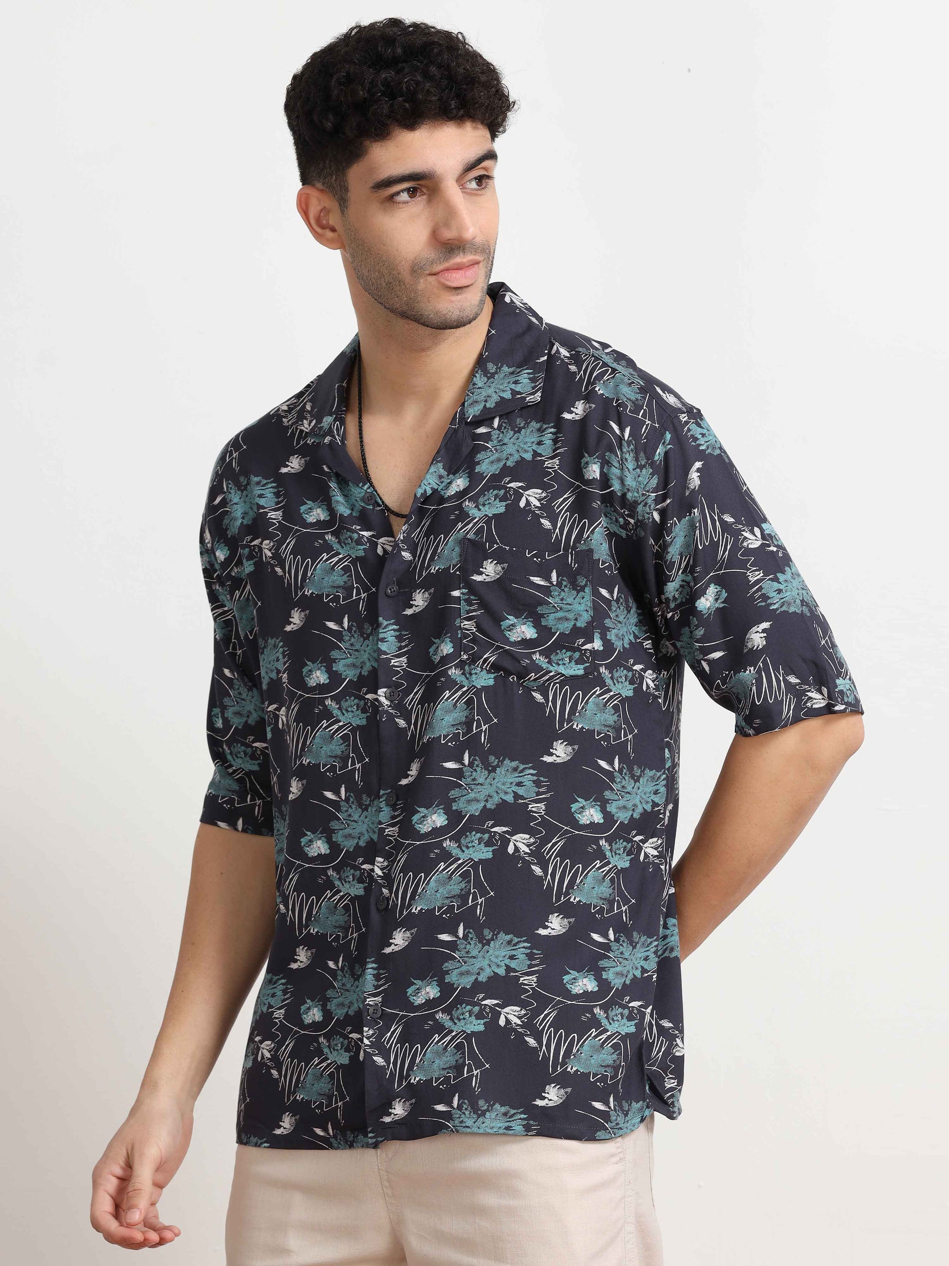 Navy Abstract Printed Oversized Shirt for men