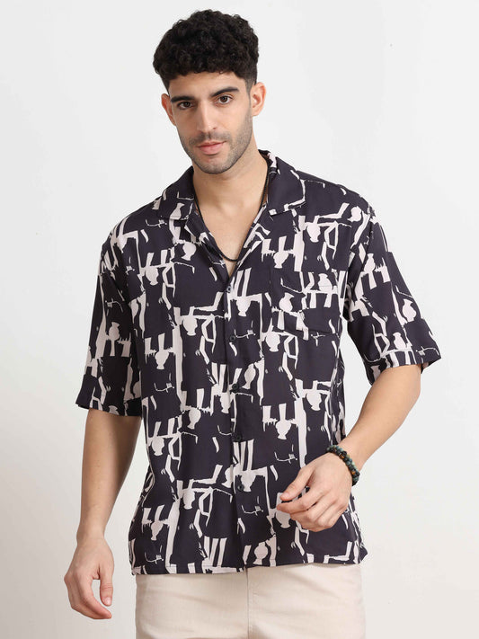 Baltic Sea Abstract Printed Oversized cuban collar shirt for men