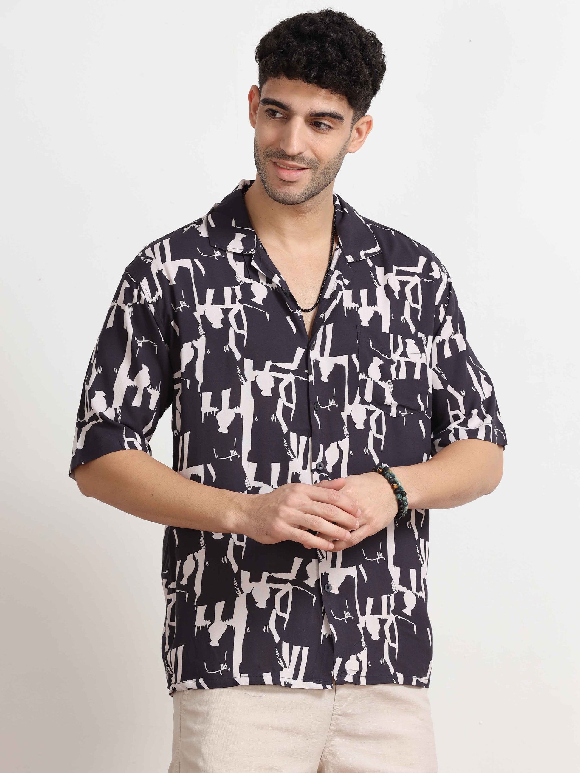 Baltic Sea Abstract Printed Oversized cuban collar shirt for men