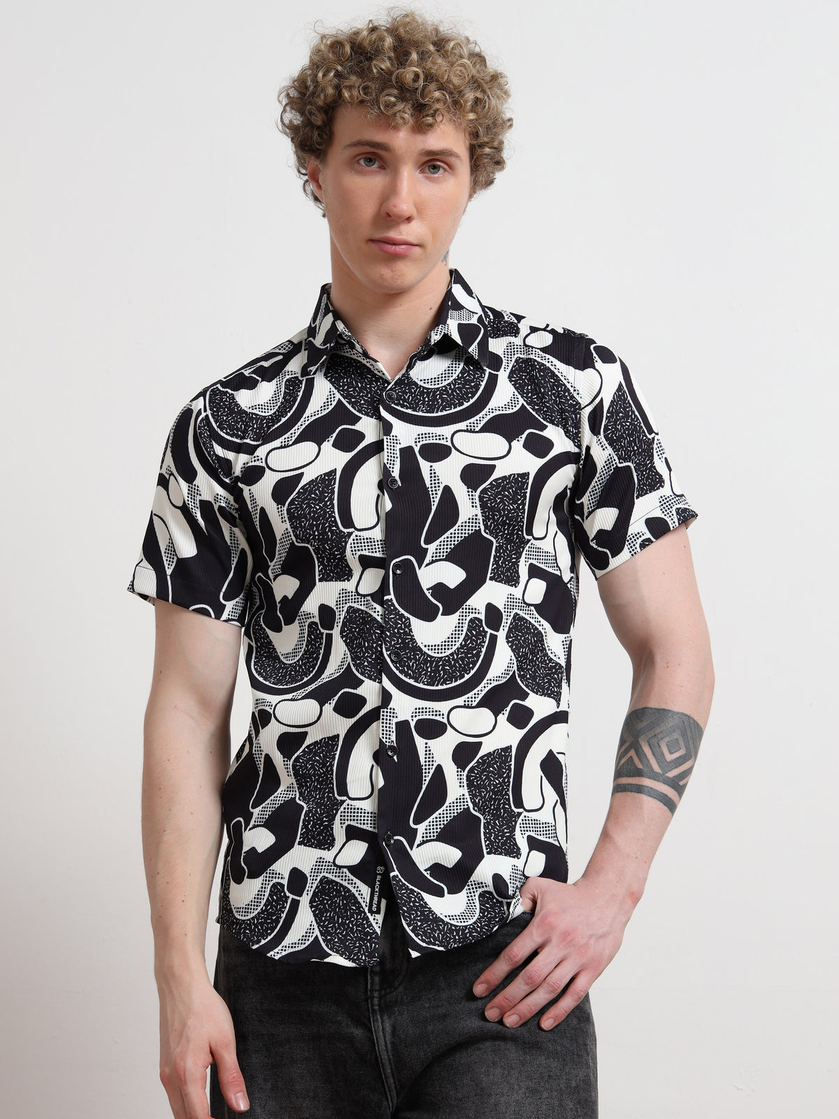 Poly Cotton Digital Black And White Print Shirt for Men