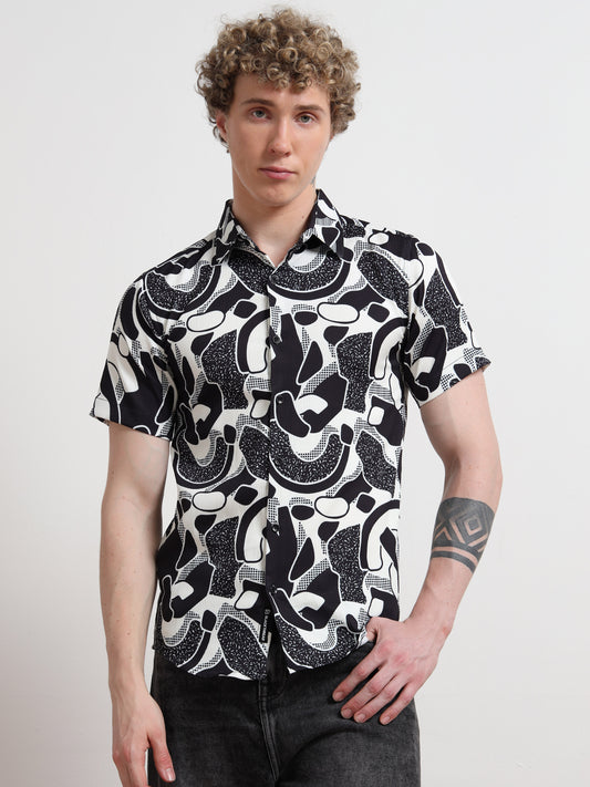 Poly Cotton Digital Black And White Print Shirt for Men