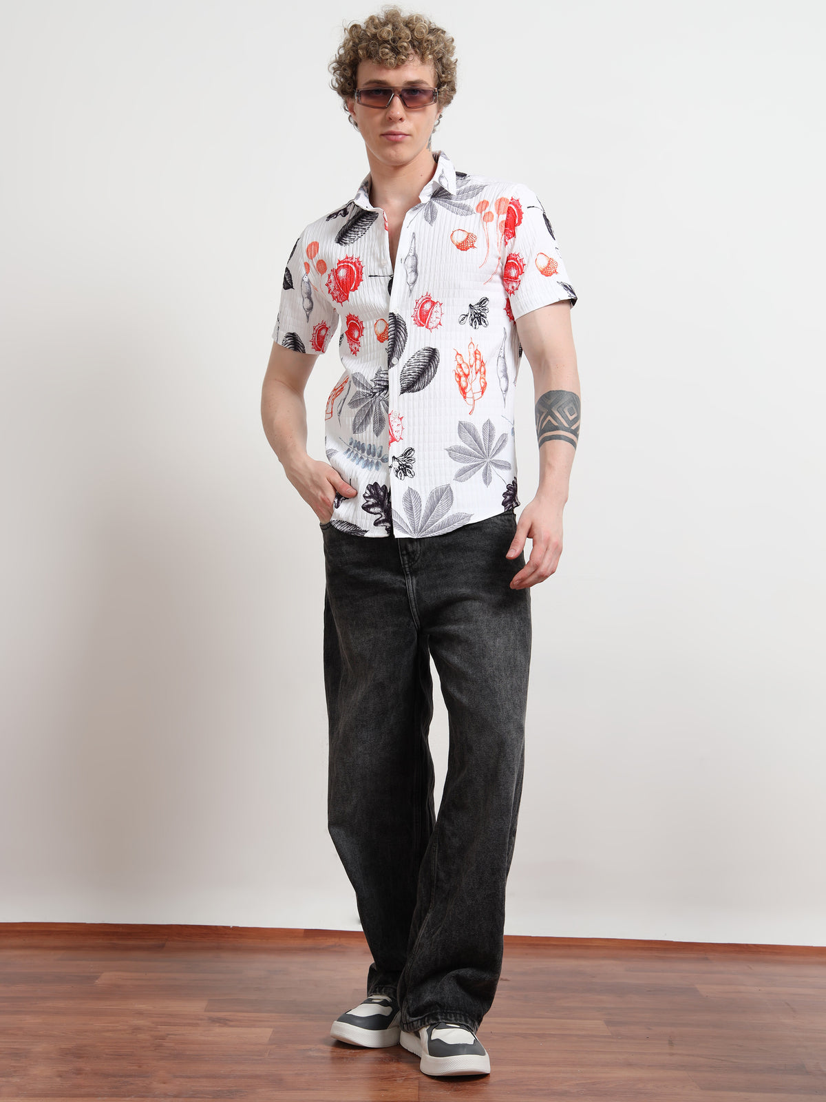 Leaf White Half Sleeve Digital Print Shirt