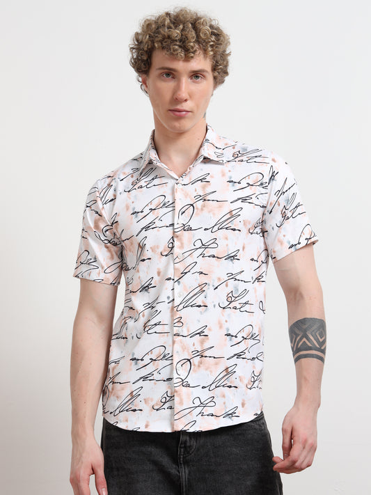 Calligraphy White Black Print Shirt for Men