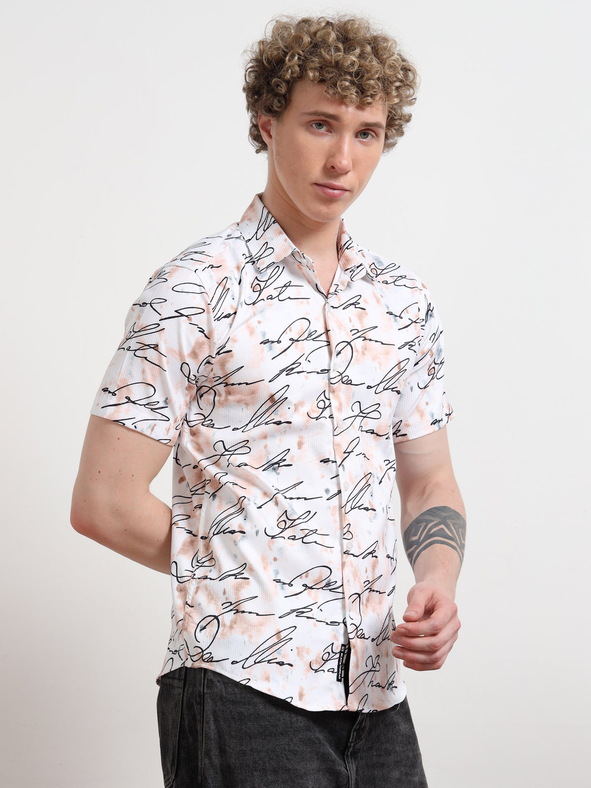 Calligraphy White Black Print Shirt for Men