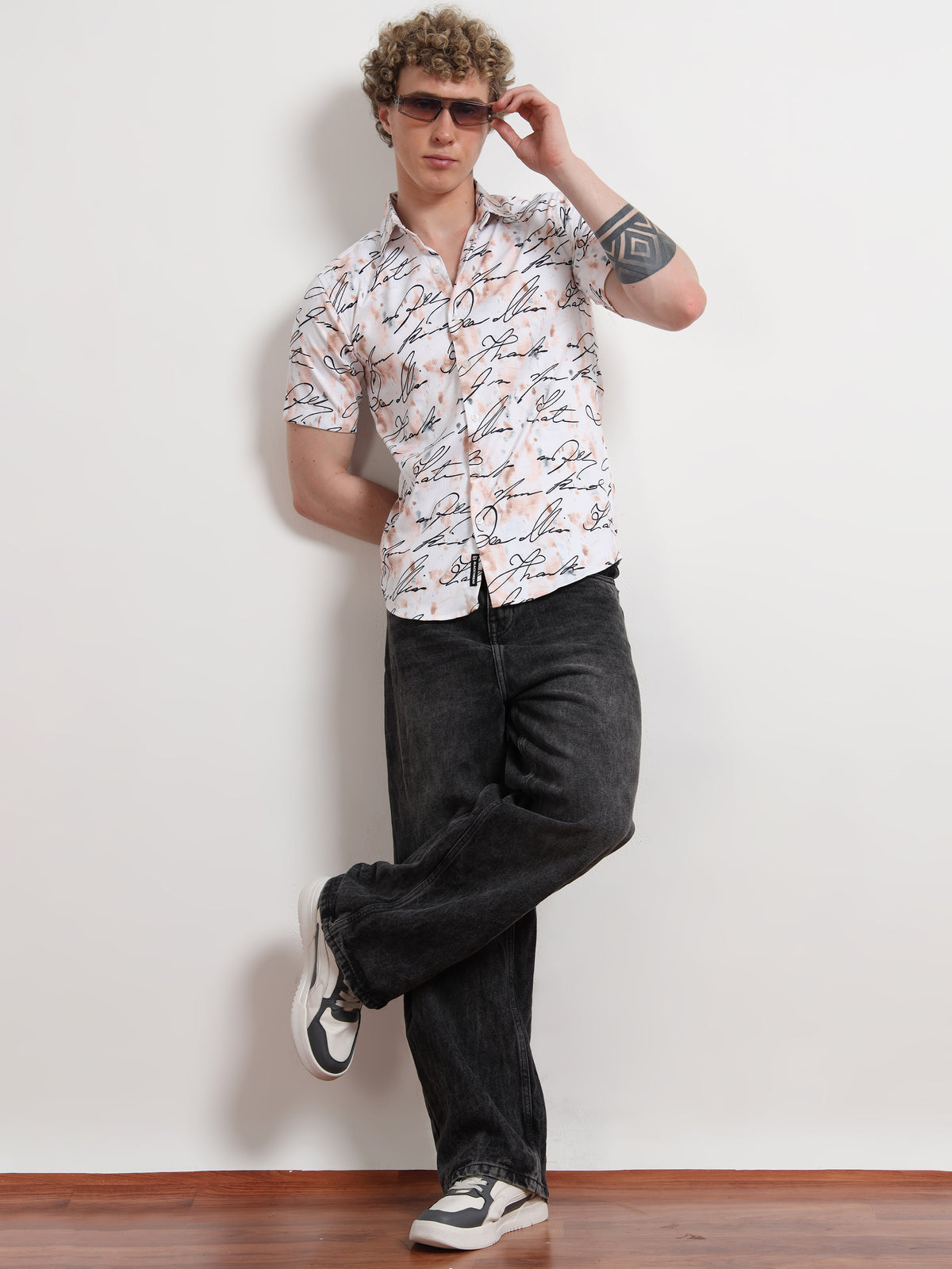 Calligraphy White Black Print Shirt for Men