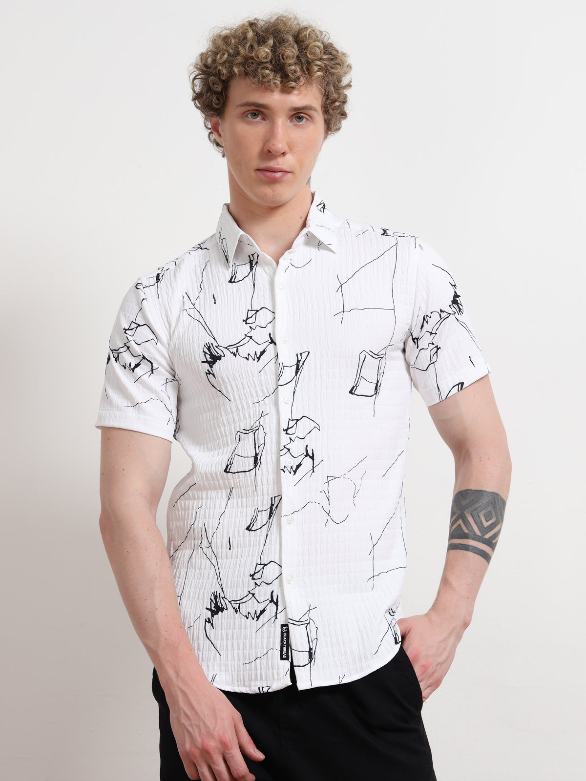 Poly Cotton White Shirt With Black Print for Men