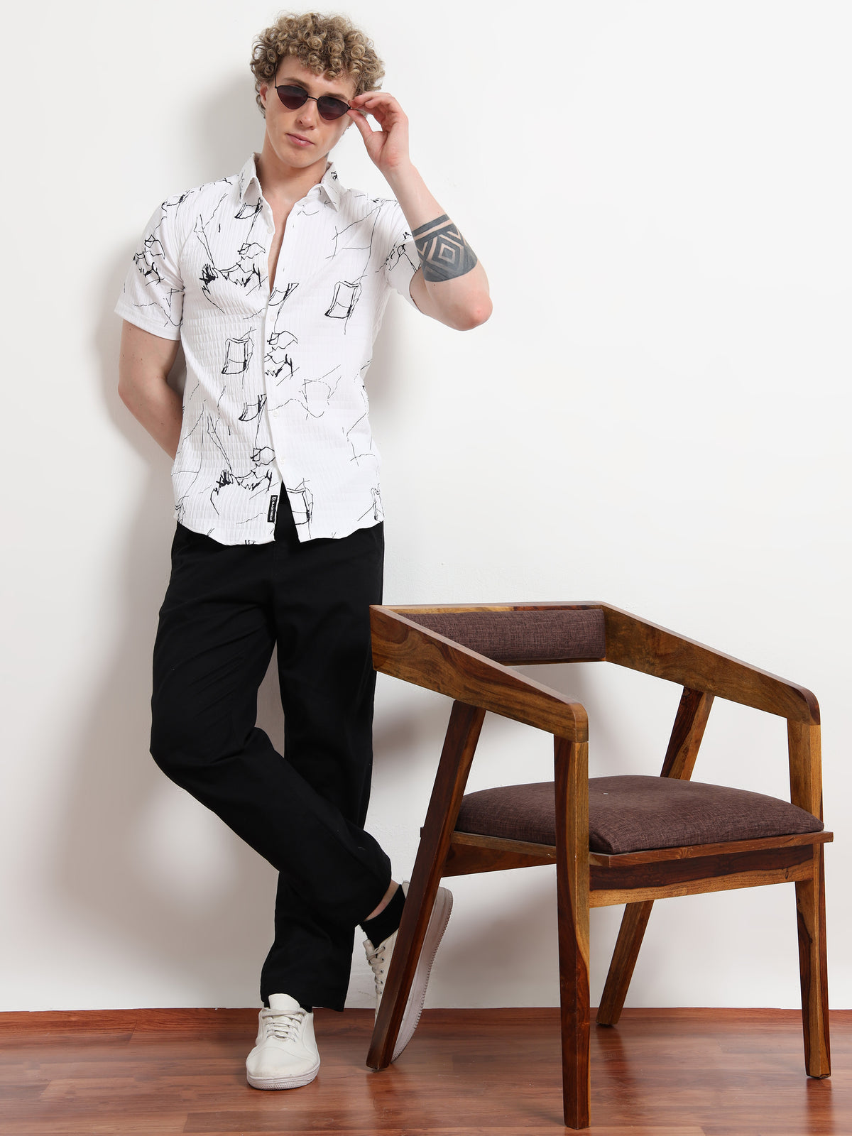 Poly Cotton White Shirt With Black Print for Men