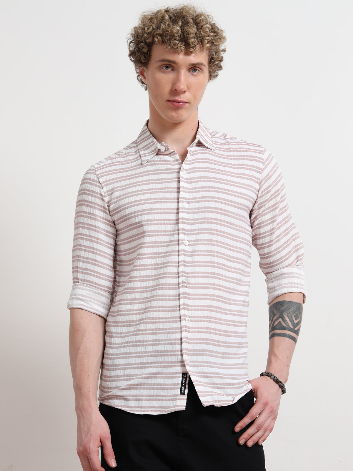Full Sleeve Brown Mens Horizontal Striped Shirt