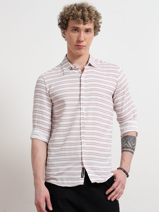 Full Sleeve Brown Mens Horizontal Striped Shirt