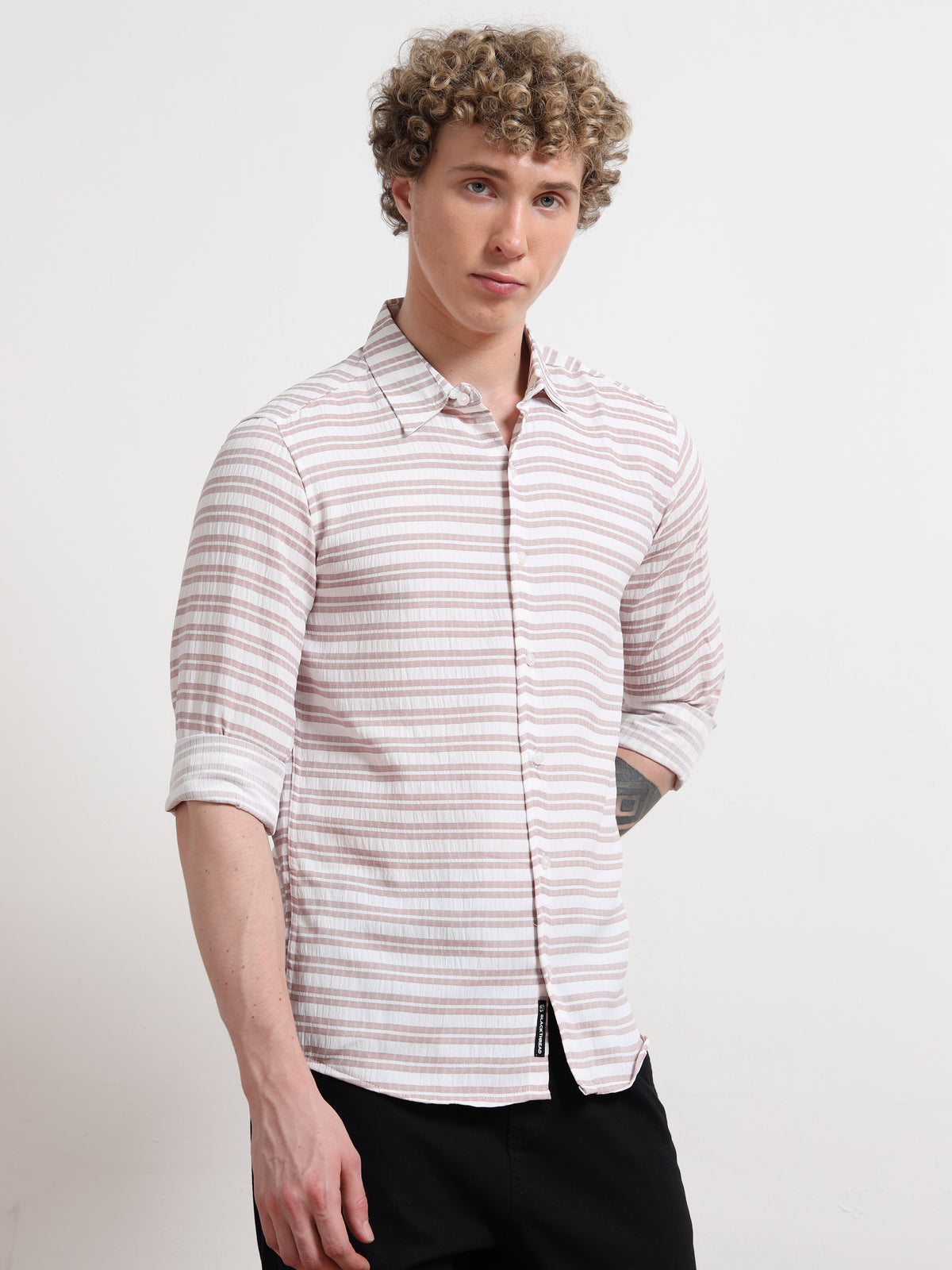 Full Sleeve Brown Mens Horizontal Striped Shirt