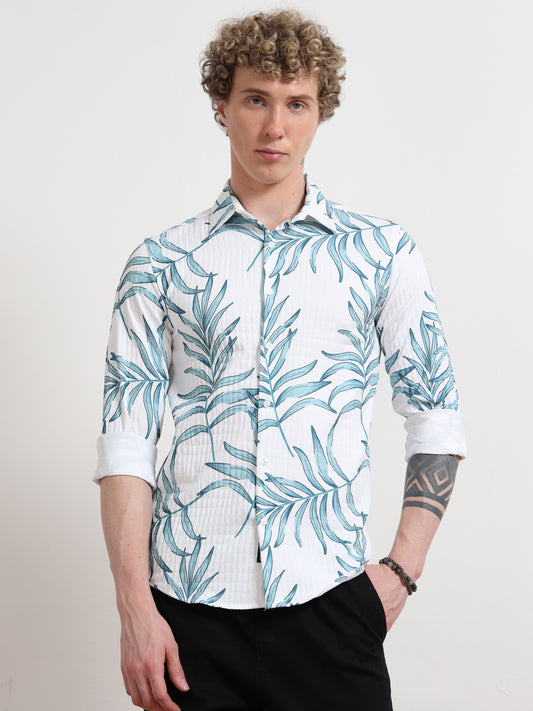 Full sleeve Leafy Blue Cotton Printed Shirt for Men