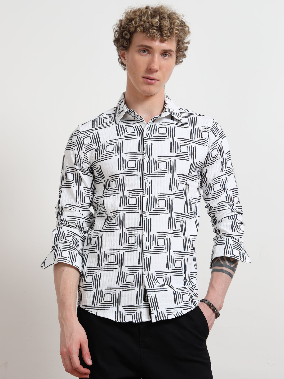 Cube Black And White Printed Shirt for Men