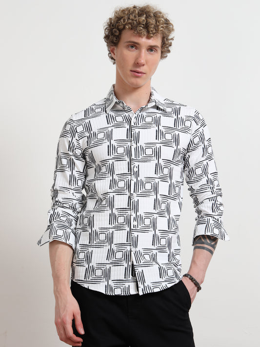Cube Black And White Printed Shirt for Men