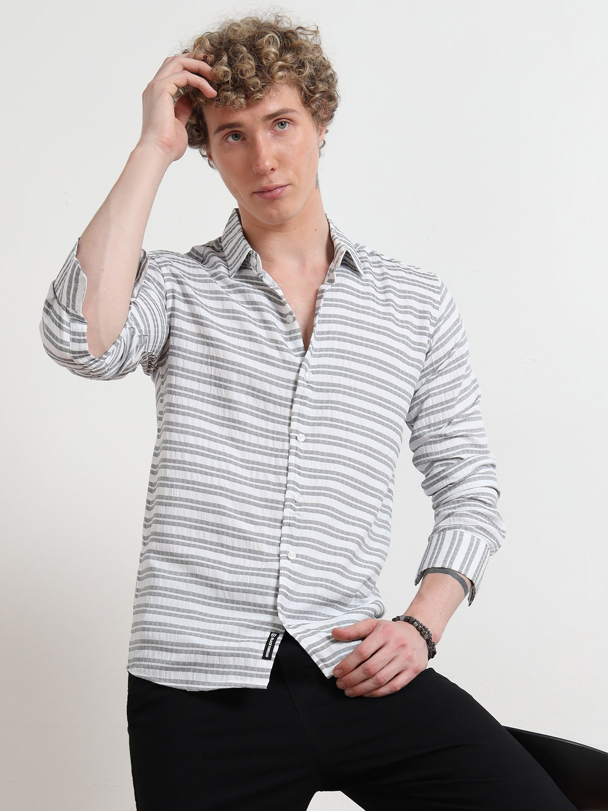 Full Sleeve Grey Shirt Horizontal Stripes for Men