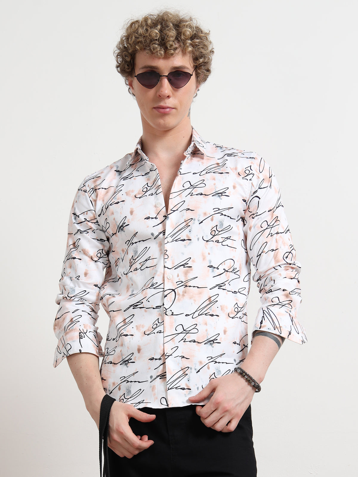 Cotton Printed White Calligraphy Shirt for Men