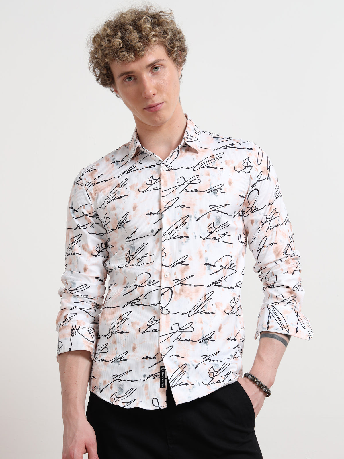 Cotton Printed White Calligraphy Shirt for Men