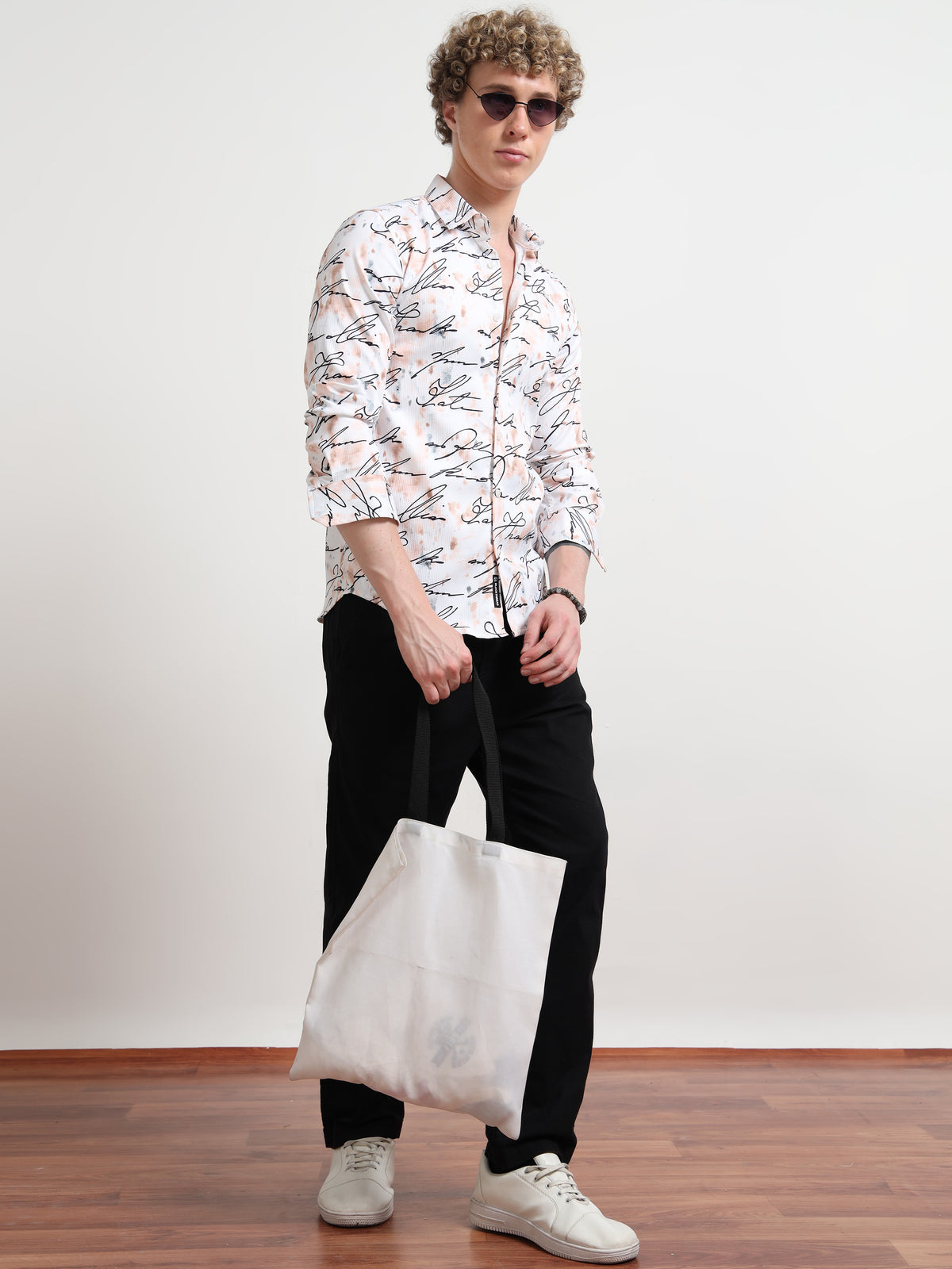 Cotton Printed White Calligraphy Shirt for Men