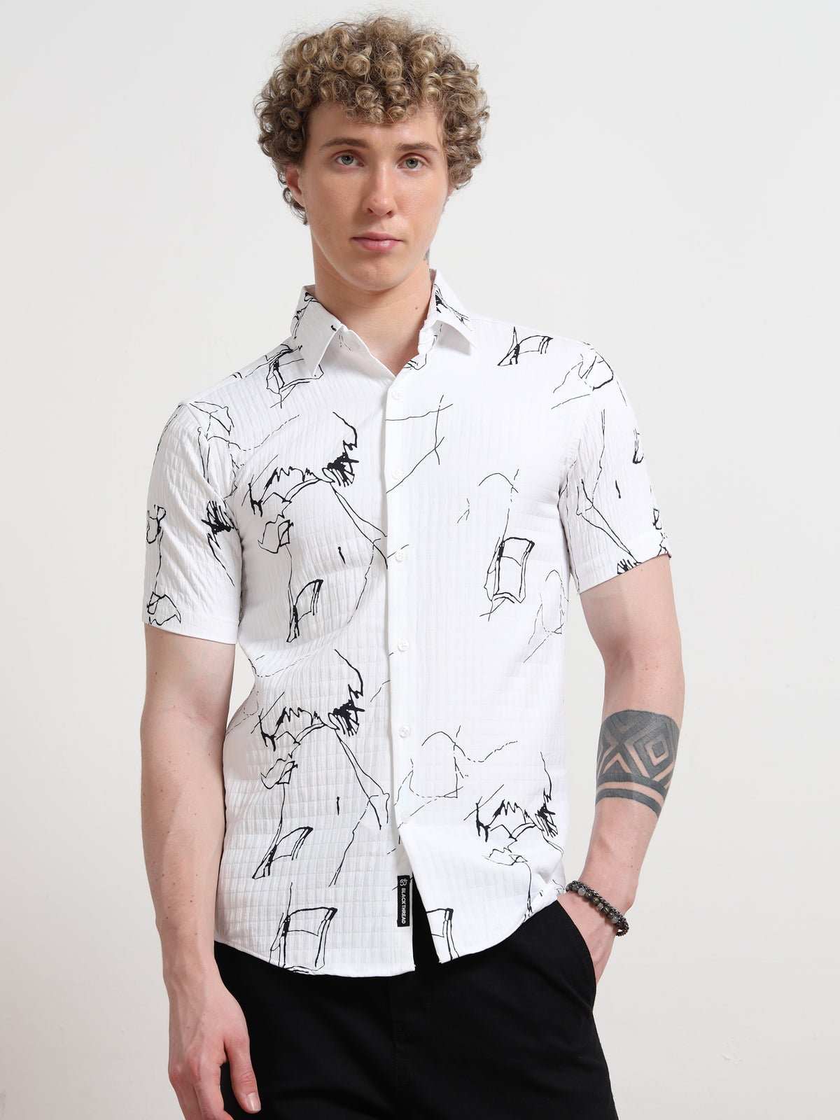 Half Sleeve Abstract White Shirt Black Print for Men