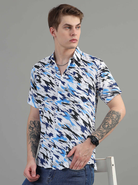 White Marble Printed rayon fabric shirt for men