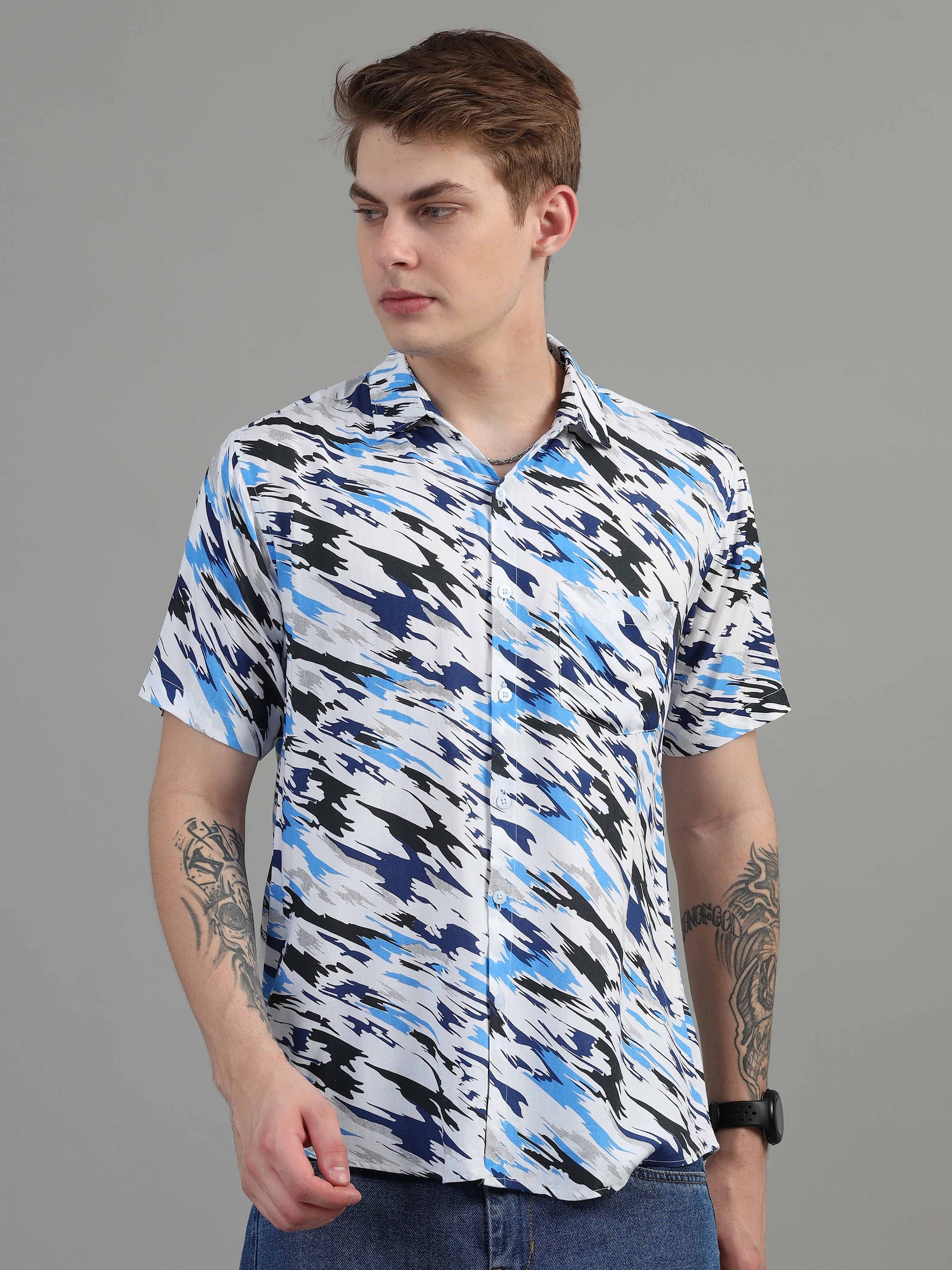 White Marble Printed rayon fabric shirt for men