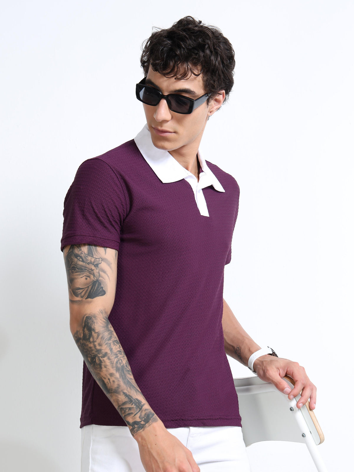 Men’s Burgandy-Collar Textured Polo  by Black Thread