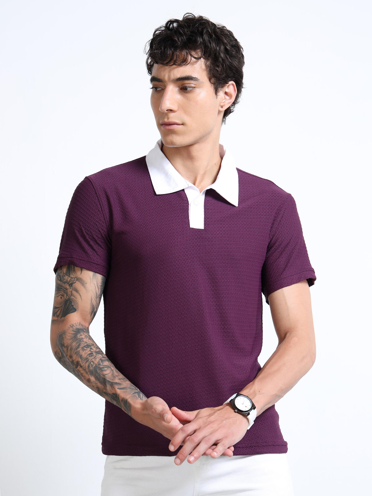 Men’s Burgandy-Collar Textured Polo  by Black Thread