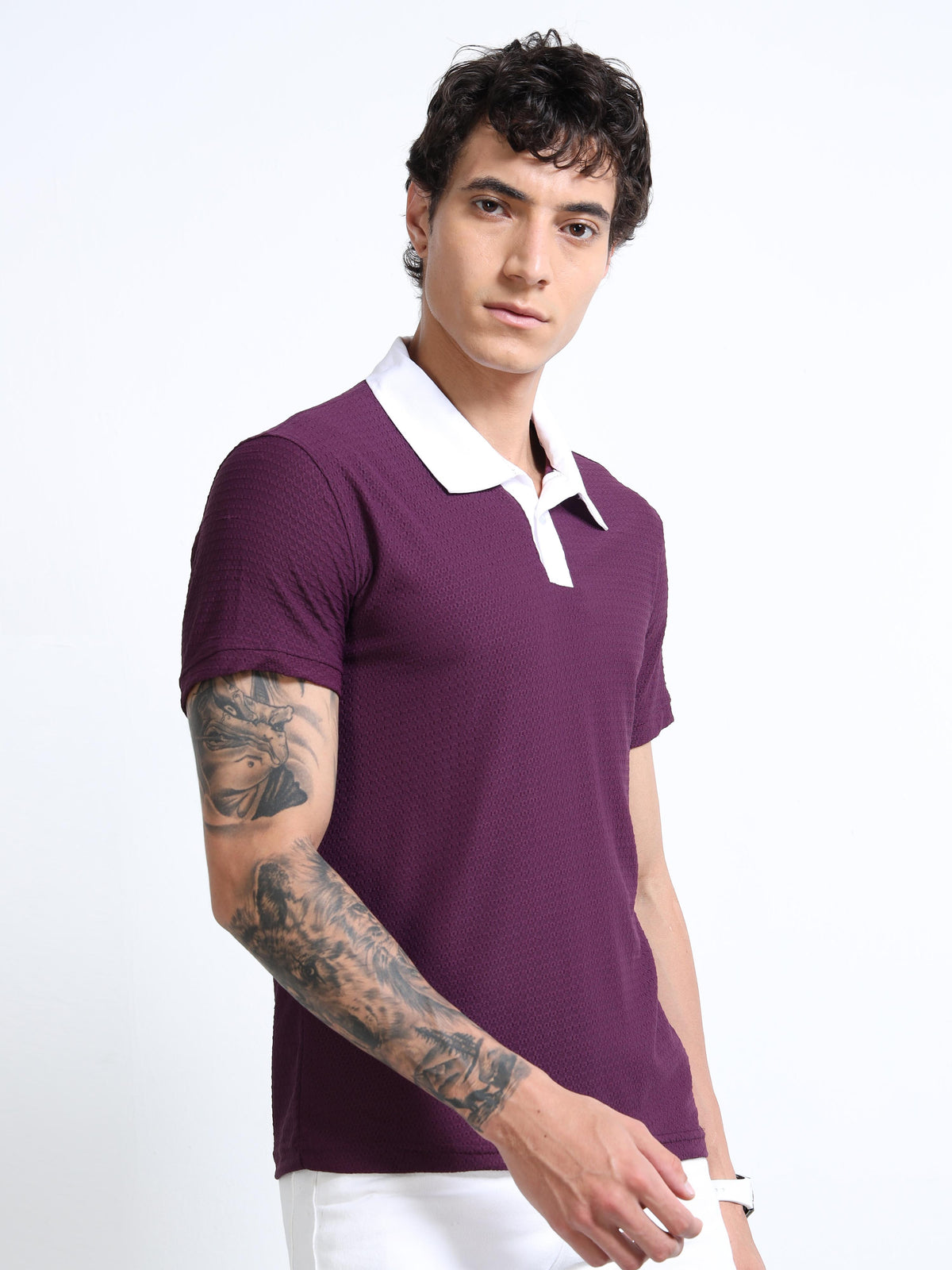 Men’s Burgandy-Collar Textured Polo  by Black Thread